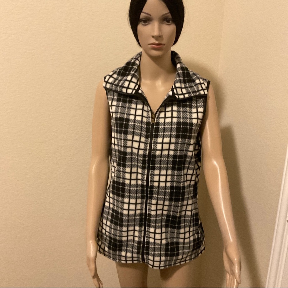 Chaps Vest Women's Medium White Black Plaid Polyester Winter Fleece Sport Zip